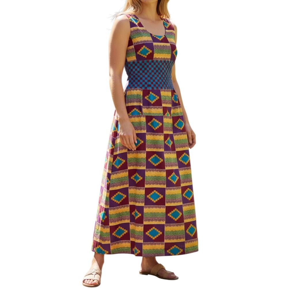 Vintage Yellow Purple Kente Maxi Dress Womens Sz XS Sleeveless African Handmade
